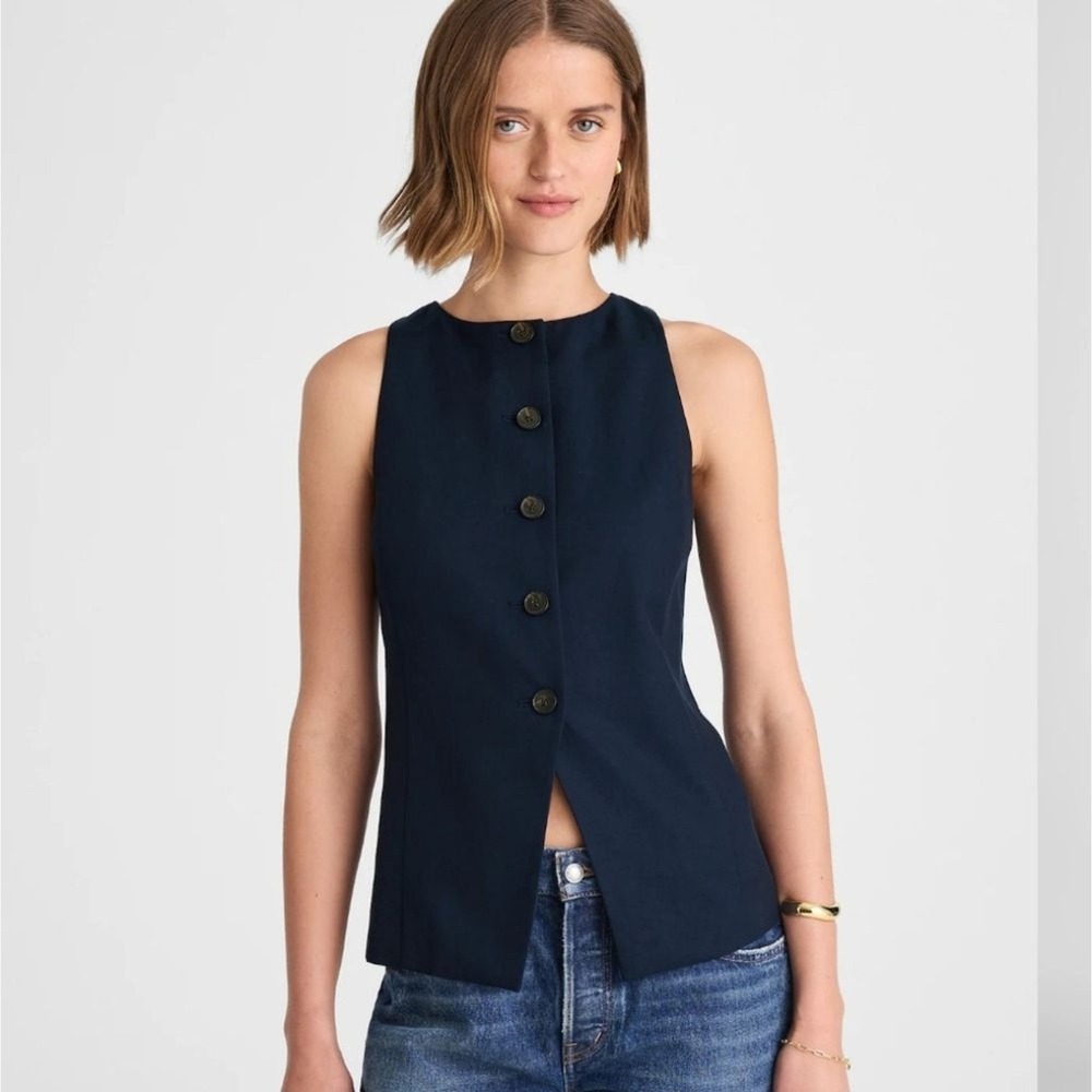 Madewell‎ Midnight Navy Crewneck Cutaway Sleeveless Vest In Drapey Twill Size 00